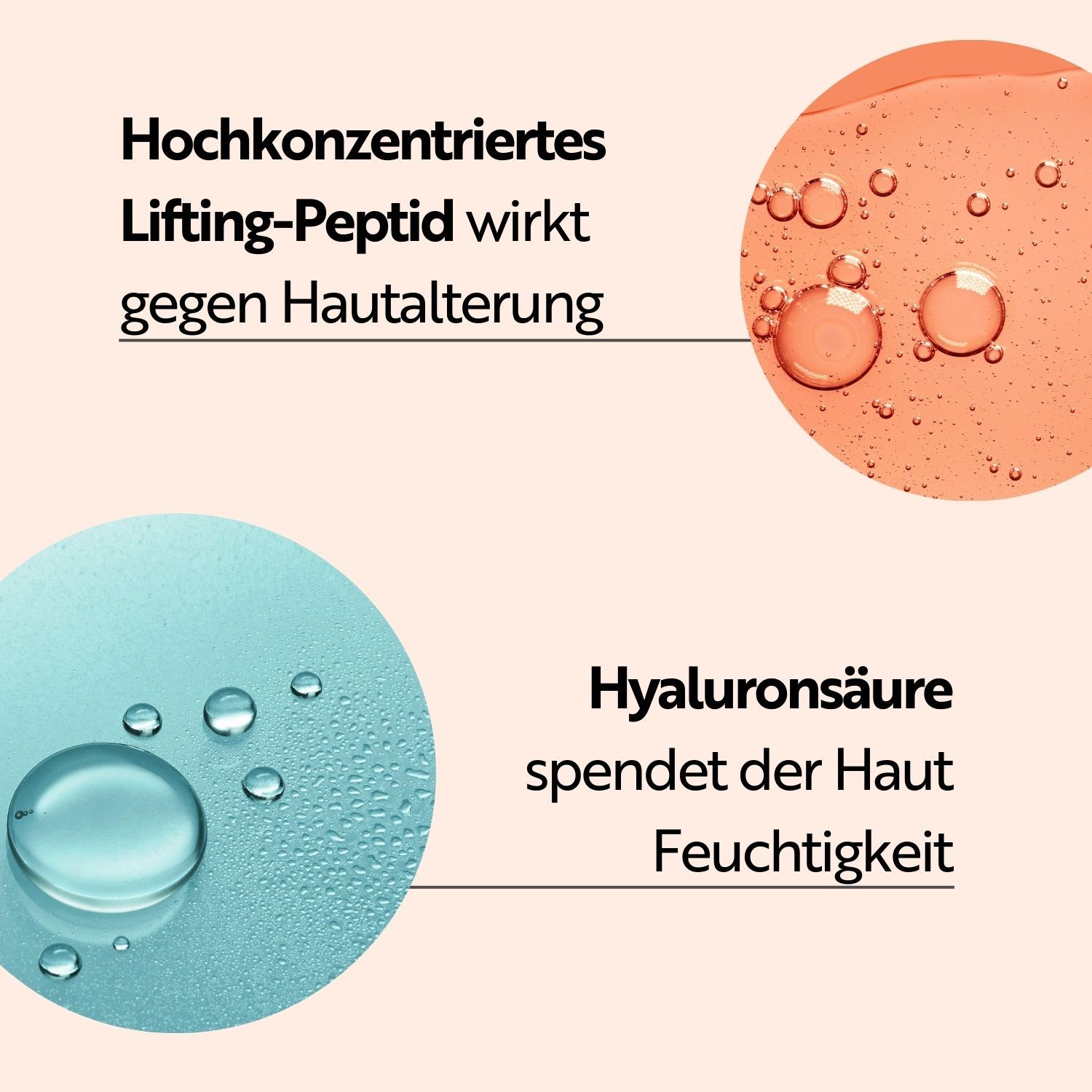 Testo e illustrazioni. Il peptide liftante altamente concentrato agisce contro l'invecchiamento cutaneo. L'acido ialuronico idrata.