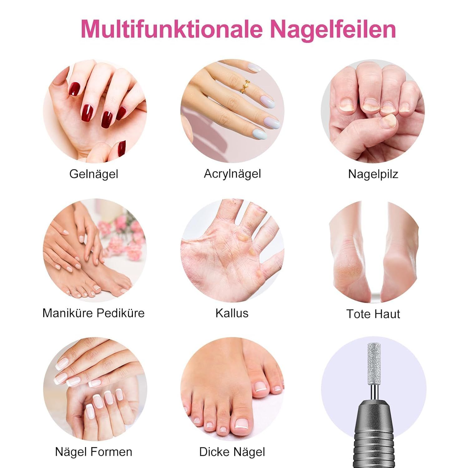 Esempi di utilizzo del dispositivo per manicure: unghie in gel, acriliche e fungine, manicure, pedicure, calli, pelle morta, forme delle unghie, unghie spesse.