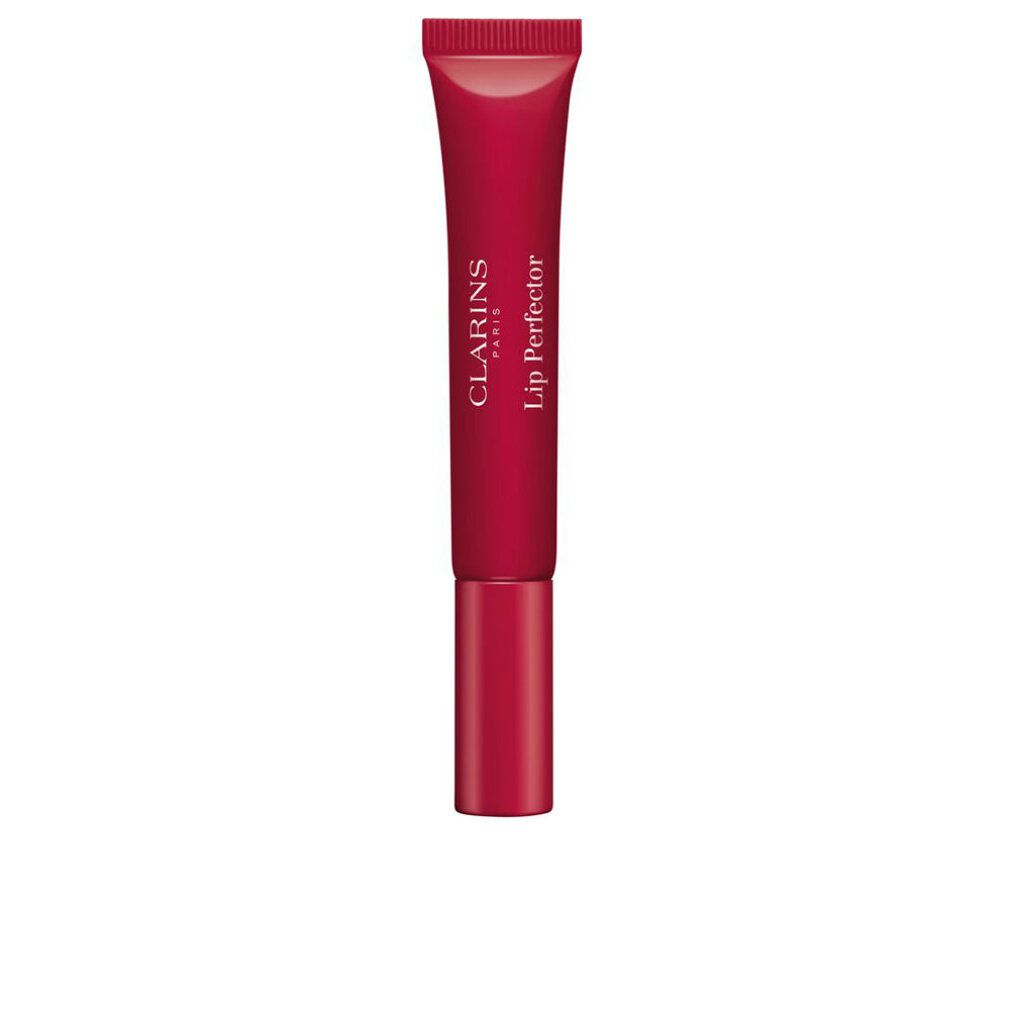 Tubo rosso con scritta CLARINS PARIS Lip Perfector. Prodotto in posizione verticale.