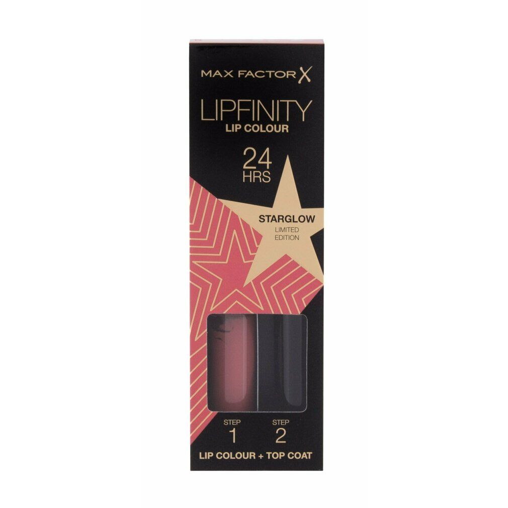 Confezione nera con Lipfinity Lip Colour e Top Coat. Starglow Limited Edition. Stelle rosa e scritta dorata.