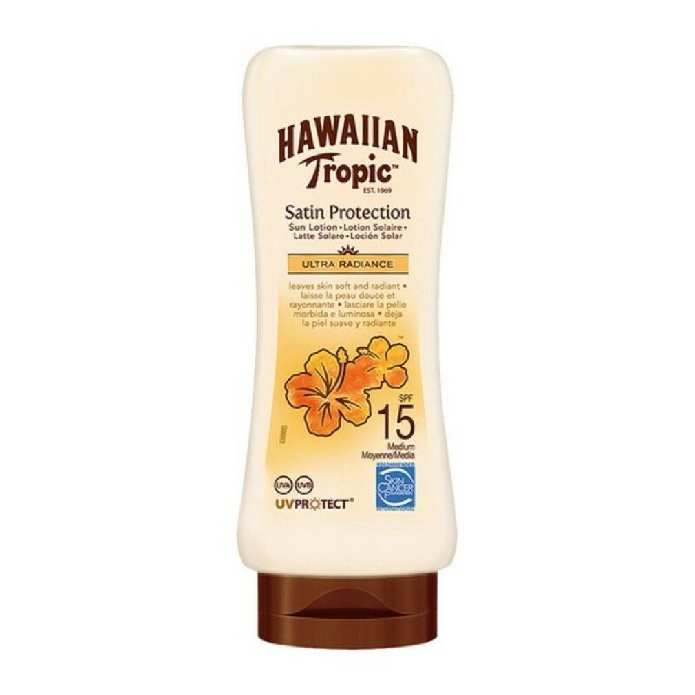 Hawaiian Tropic Satin Protection SPF15. Flacone color crema con tappo marrone. Testo e logo sul davanti.
