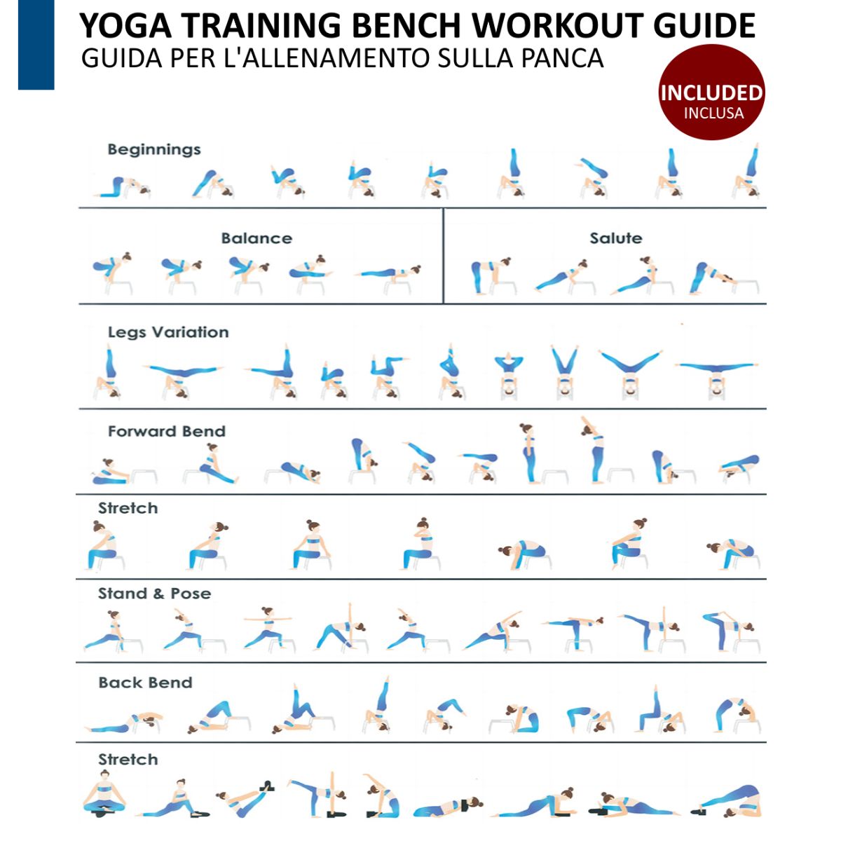 Guida all'allenamento yoga con pose sulla sedia da yoga. Vari esercizi di yoga in illustrazioni.