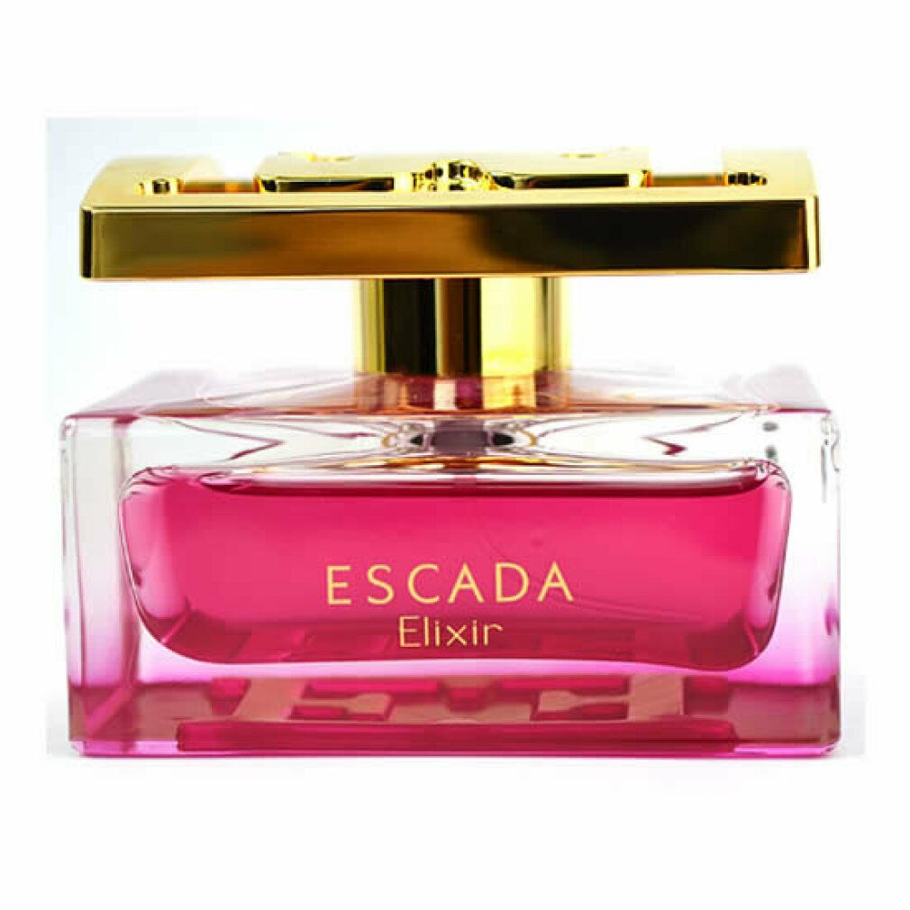 Flacone rettangolare con liquido rosa. Tappo dorato. Scritta: ESCADA Elixir.