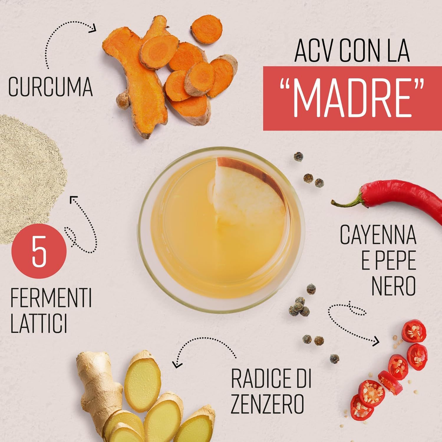 Ingredienti: Curcuma, aceto di mele, zenzero, pepe di Cayenna. 5 Fermenti Lattici. Illustrazione degli ingredienti.