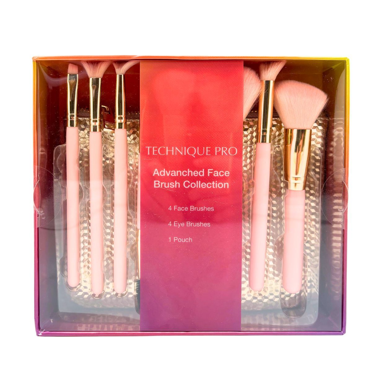 Confezione della Advanced Face Brush Collection con quattro pennelli per il viso e quattro per gli occhi.