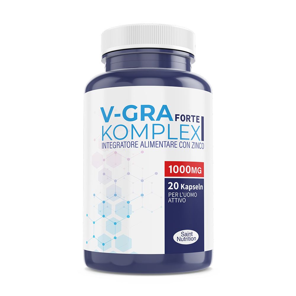 Flacone blu scuro con etichetta bianca. Scritta V-GRA Forte Komplex, 1000mg, 20 capsule. Logo Saint Nutrition.