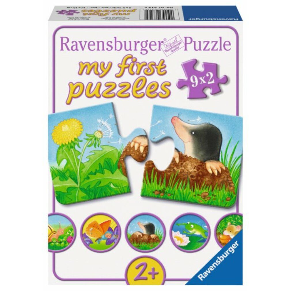 Puzzle 'Mein erstes Rätsel Haustiere im Garten'. Mostra una farfalla, un fiore e una talpa.