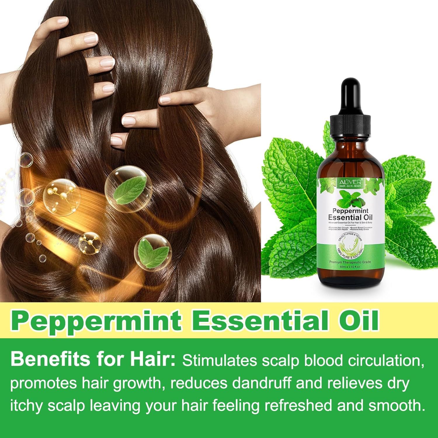 Flacone di vetro marrone con contagocce e olio essenziale. Donna che tocca i capelli. Testo: Peppermint Essential Oil, Benefits for Hair.