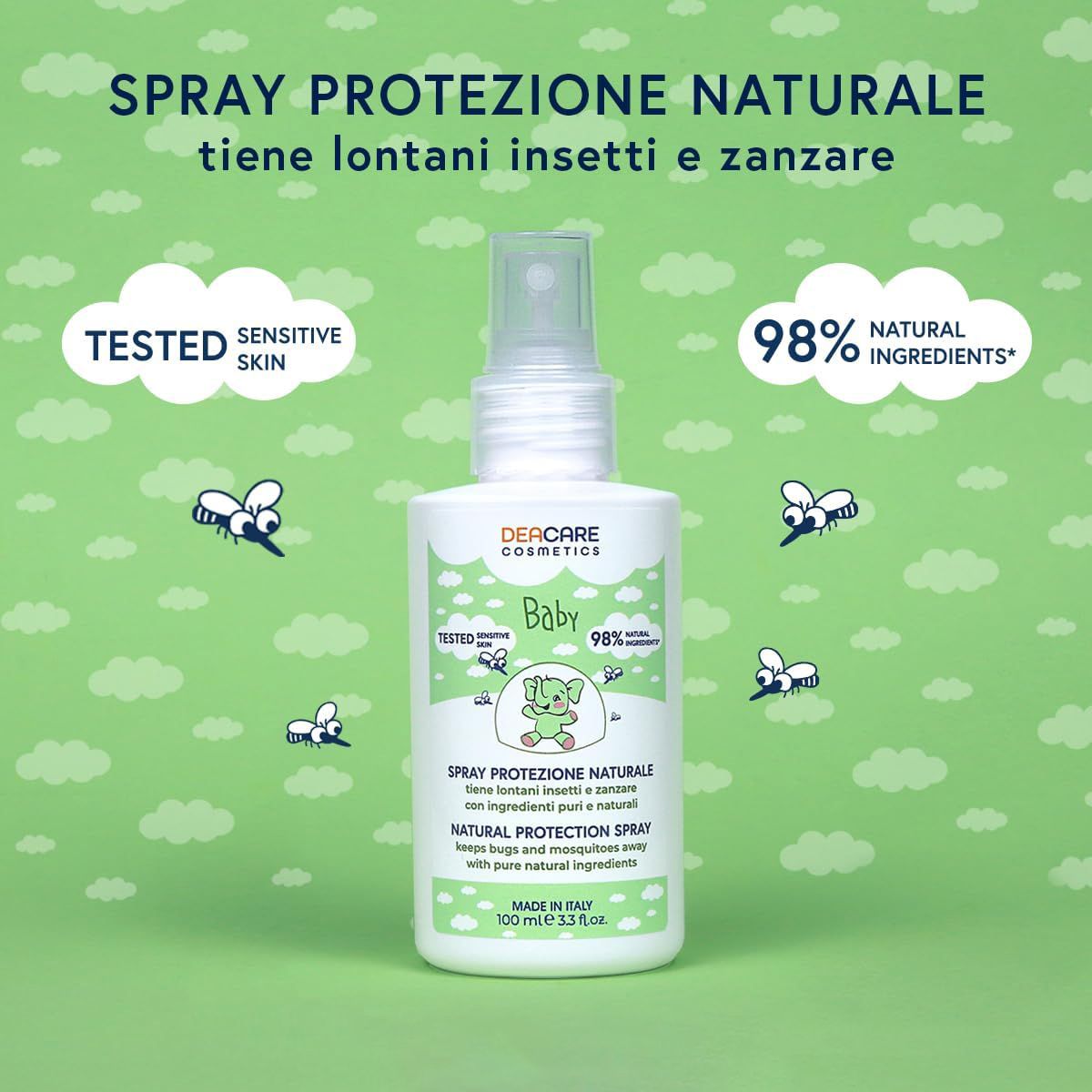 Flacone spray con etichetta verde. Testo: Spray Protezione Naturale, Baby, 98% ingredienti naturali. Testato per pelli sensibili.