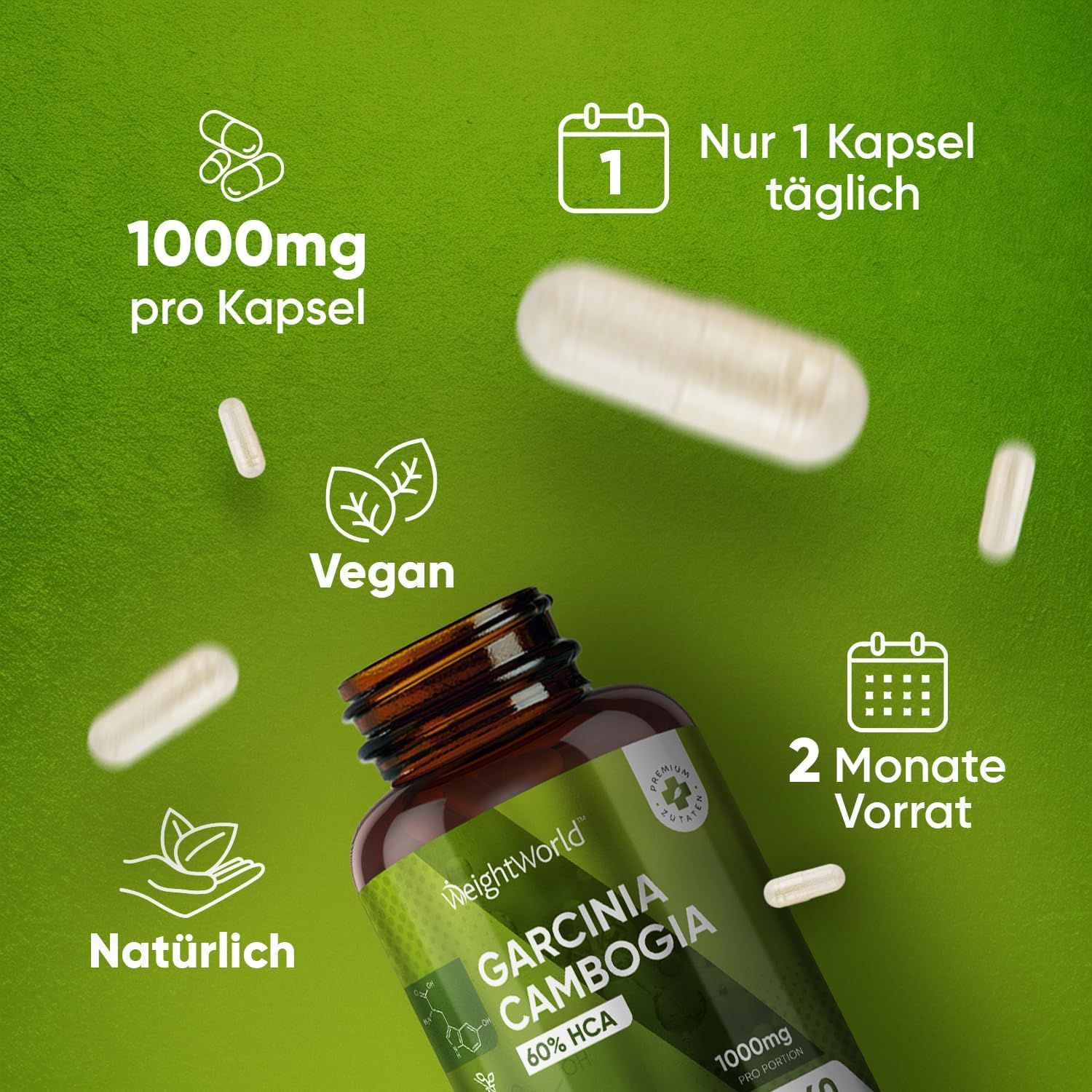 Capsule di Garcinia Cambogia e ingredienti su sfondo verde. Testo: Vegano, naturale, 1000mg per capsula, 2 mesi di scorta.