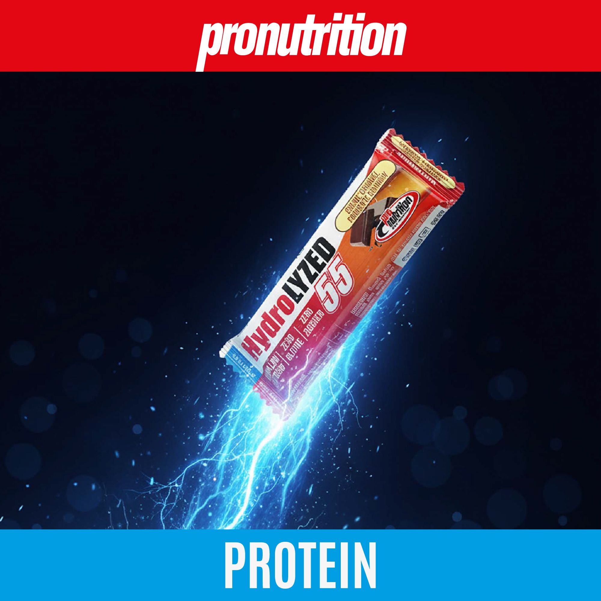 Confezione singola di barretta proteica. Scritta: HydroLYZED 55, Zero, Senza glutine, Senza zucchero. Effetti luce blu sullo sfondo.