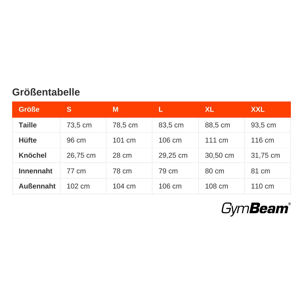 Tabella delle taglie con misure per vita, fianchi, caviglia, cucitura interna ed esterna per taglie dalla S alla XXL. Logo GymBeam.
