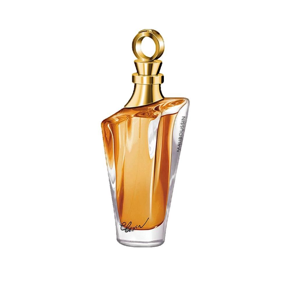 Flacone di profumo con tappo dorato. Scritta: Mauboussin. Liquido ambrato.
