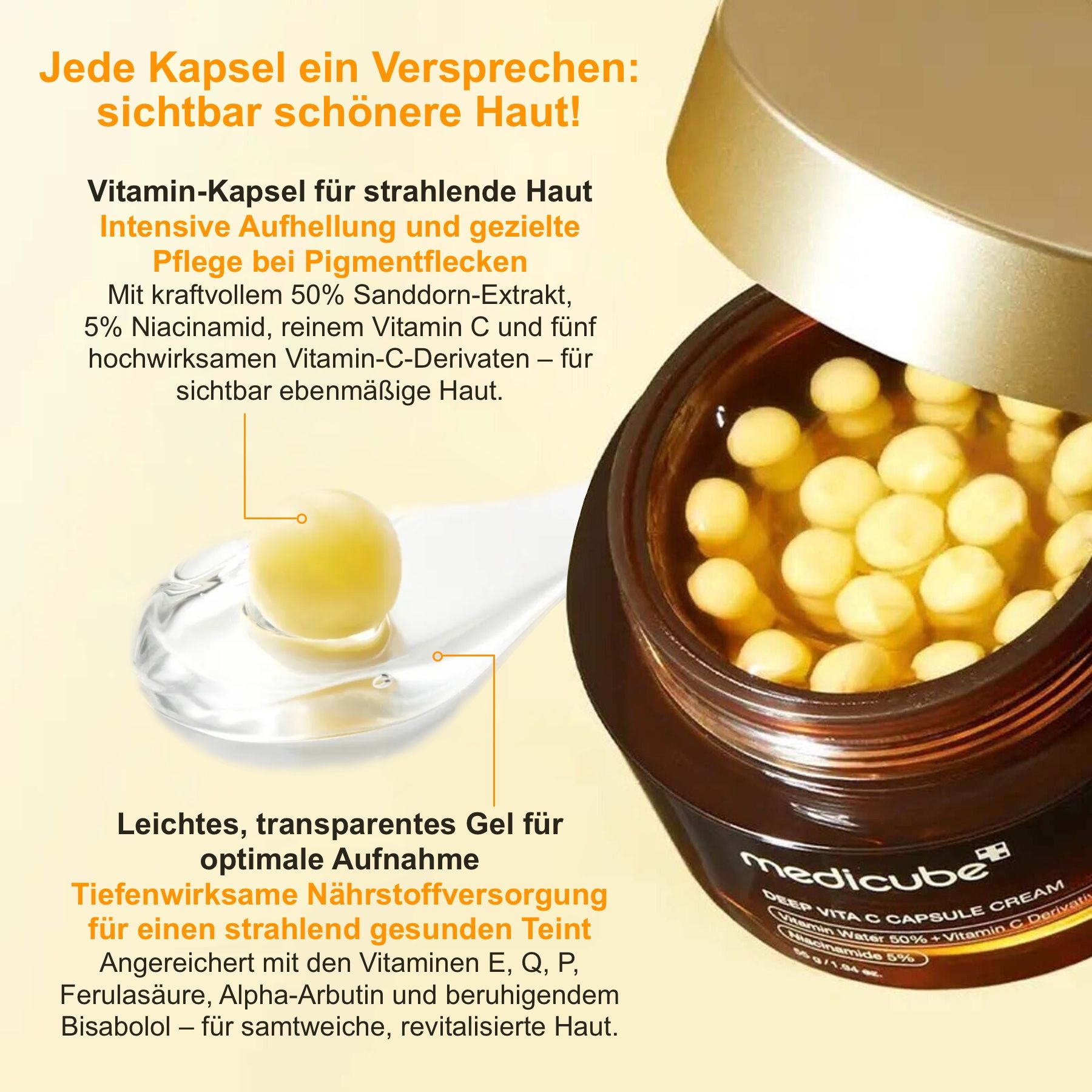 Vaso di crema aperto con capsule gialle. Scritta: Medicube, Deep Vita C Capsule Cream. Cucchiaio con capsula accanto. Testo: Capsula di vitamina per pelle radiosa.