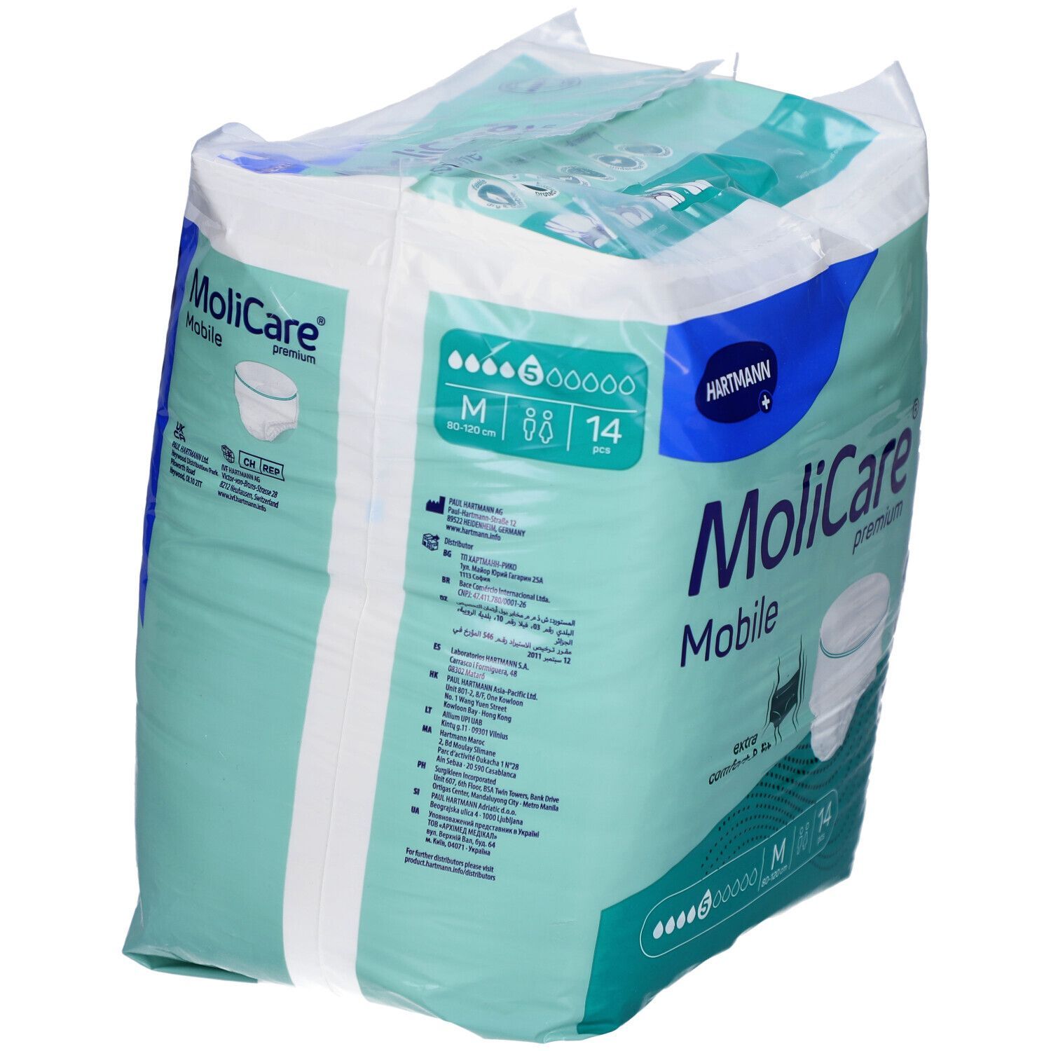 Confezione di Hartmann MoliCare Mobile Premium Pants. Taglia M, 88 cm, 14 pezzi. Verde e bianco. Logo Hartmann.