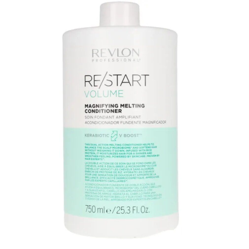 Flacone bianco con etichetta. Testo: Revlon Professional Re/Start Volume Magnifying Melting Conditioner. 750 ml.