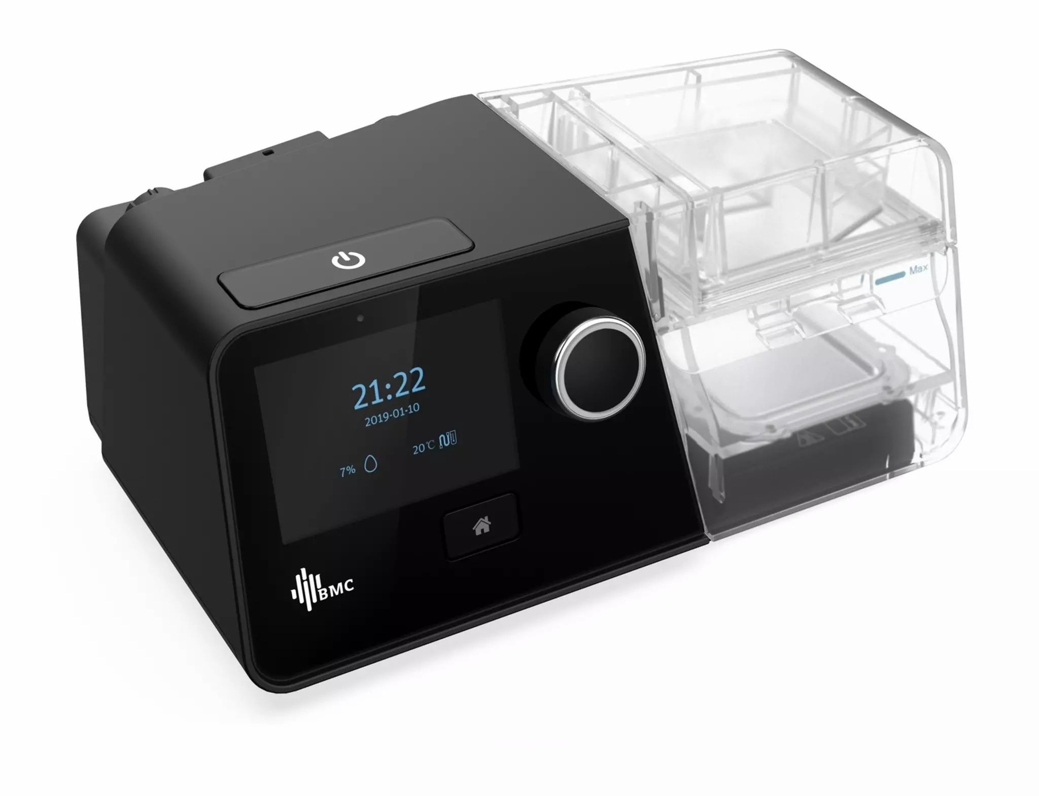 Dispositivo Auto-CPAP BMC G3 A20 nero con display, manopola e serbatoio dell'acqua. Mostra ora e data. Logo BMC.