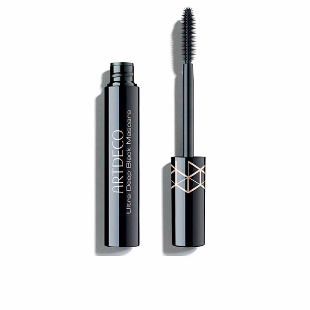 Tubo di mascara nero con spazzola aperta. Sul tubo è scritto ARTDECO Ultra Deep Black Mascara. L'impugnatura ha un motivo geometrico.