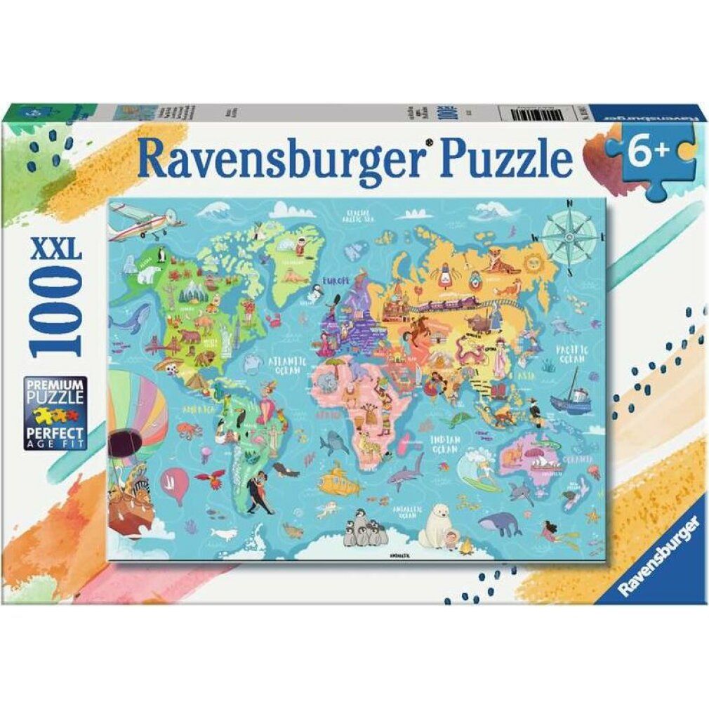Scatola del puzzle della mappa del mondo. Stampa: mappa del mondo illustrata, Ravensburger Puzzle, 100 pezzi, XXL, dai 6 anni.