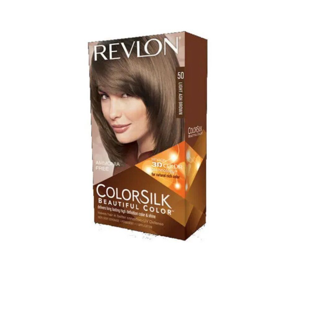 Tinta per capelli Revlon Colorsilk, Light Ash Brown. Confezione con donna, nome prodotto, numero colore e logo. Tecnologia 3D Color Gel.