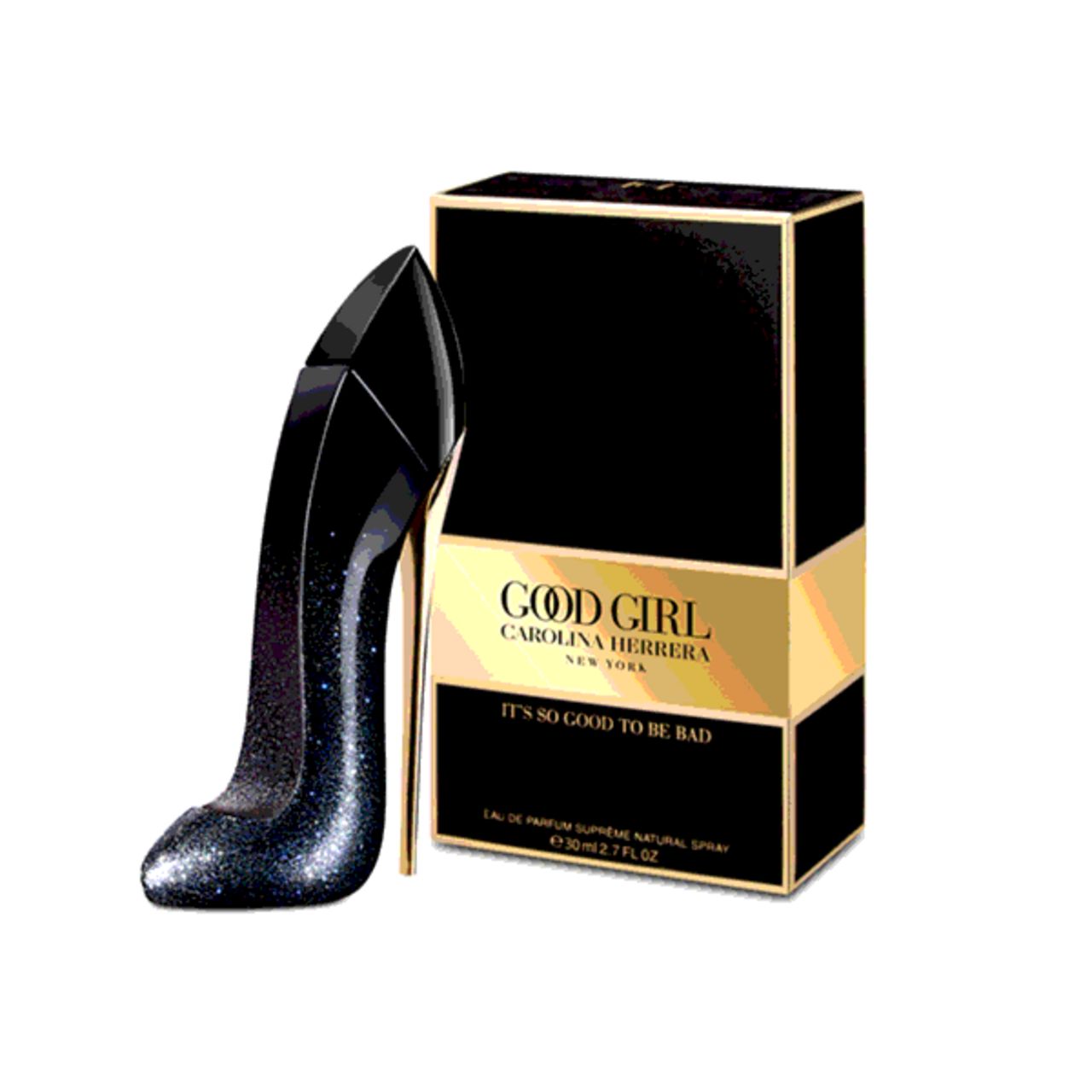Flacone nero a forma di scarpa e confezione. Dettagli dorati. Scritta: Good Girl, Carolina Herrera, It's so good to be bad.