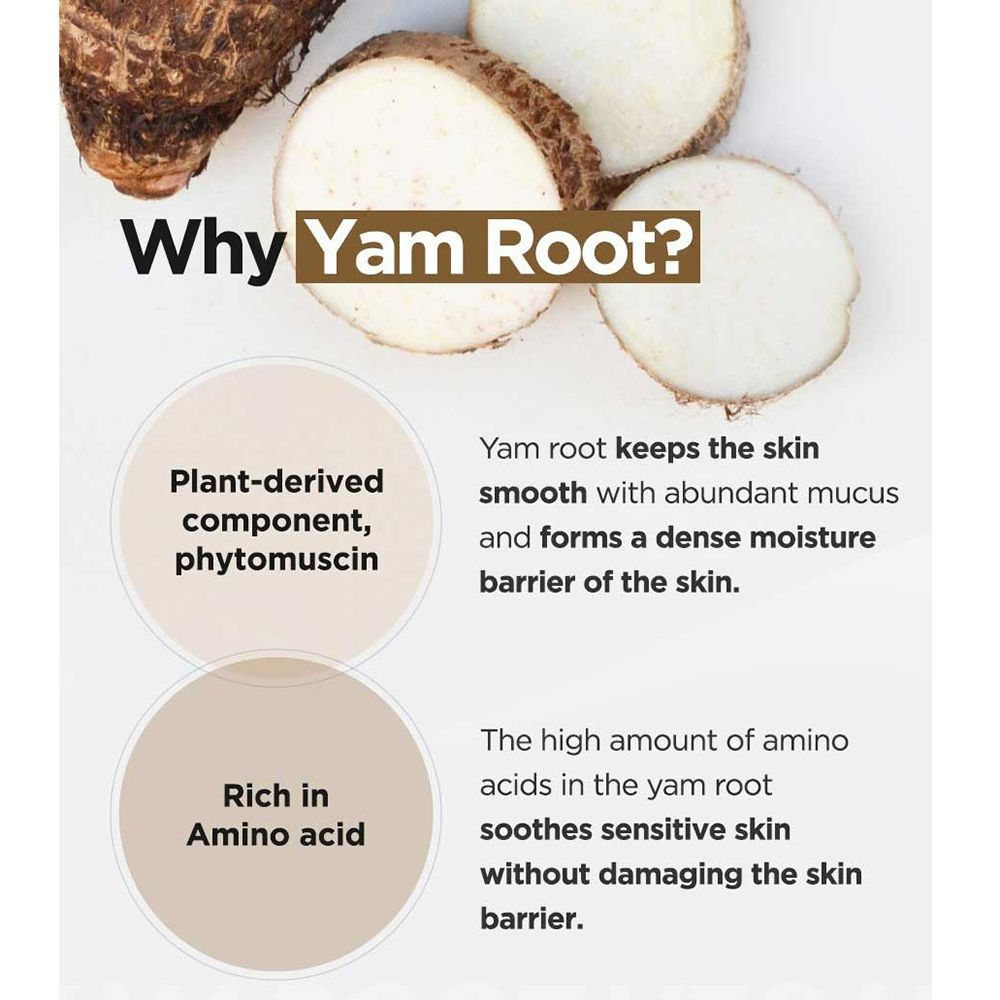 Primo piano di radice di igname e fette. Testo: Perché la radice di igname? Vantaggi e ingredienti spiegati.