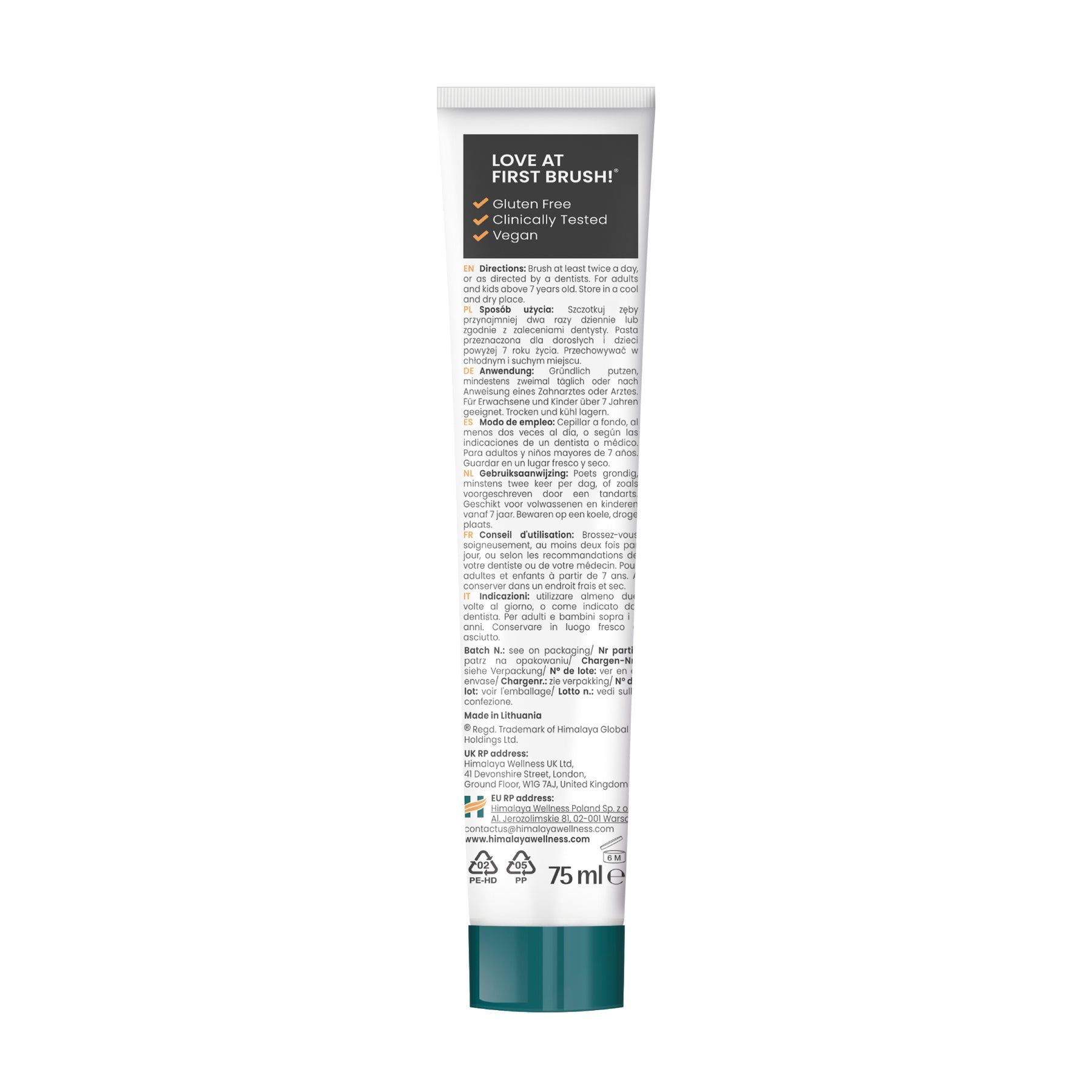 Tubo di dentifricio Himalaya Botanique con informazioni e lista degli ingredienti.