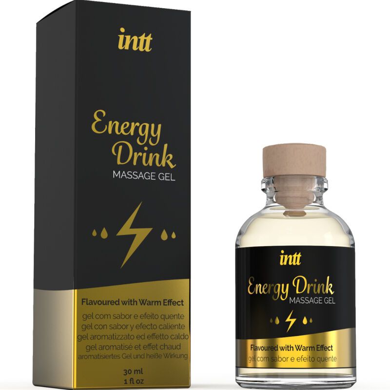 Confezione e flacone. Scatola nera e flacone in vetro con tappo in legno. Etichette con testo dorato: intt Energy Drink Massage Gel.