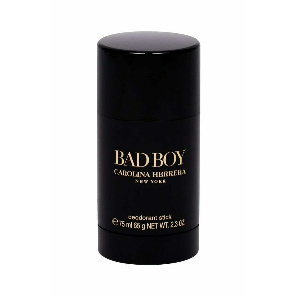 Stick deodorante nero con scritta dorata BAD BOY, CAROLINA HERRERA NEW YORK. Scritta: deodorant stick.