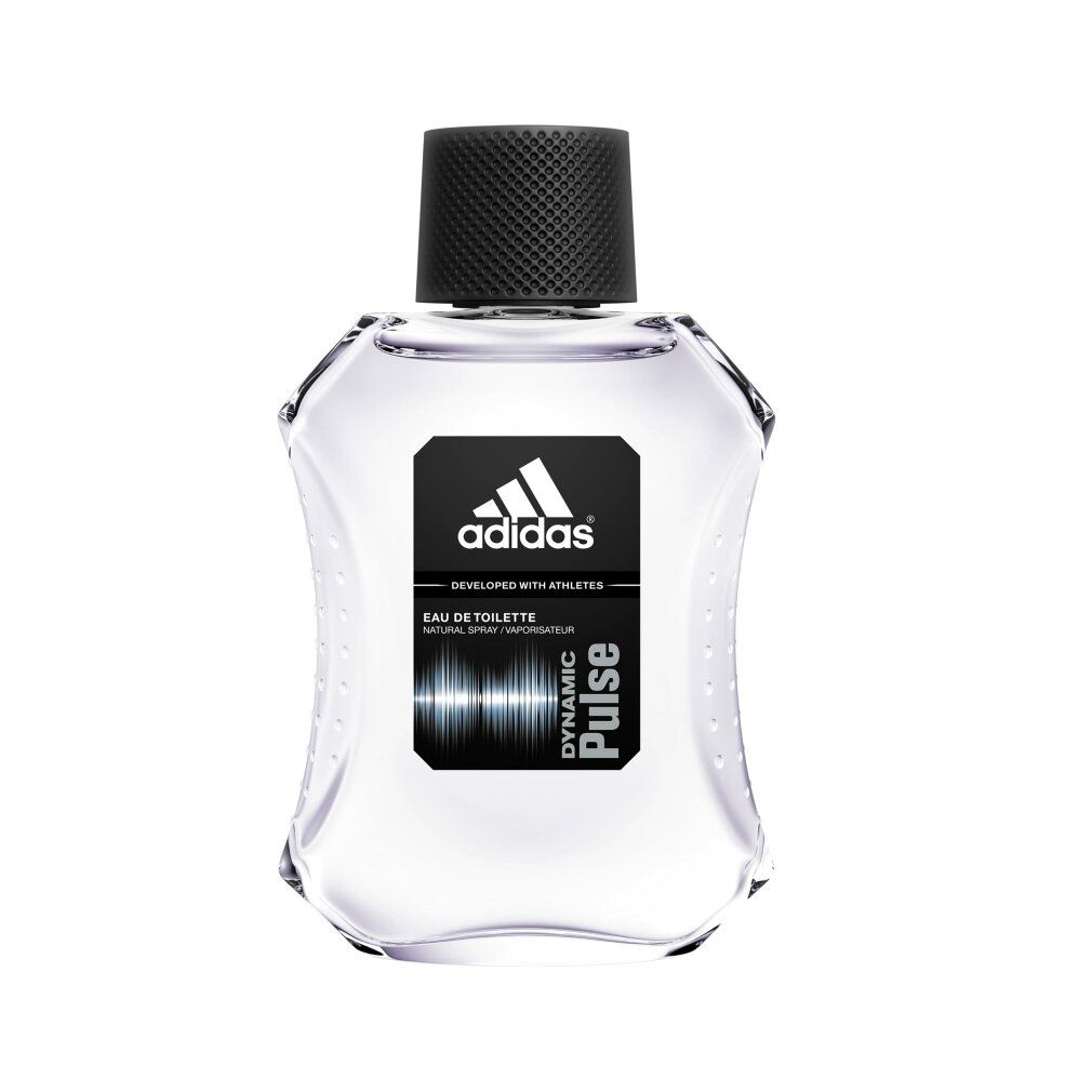 Flacone trasparente con tappo nero. Etichetta nera con logo Adidas e scritta Dynamic Pulse.