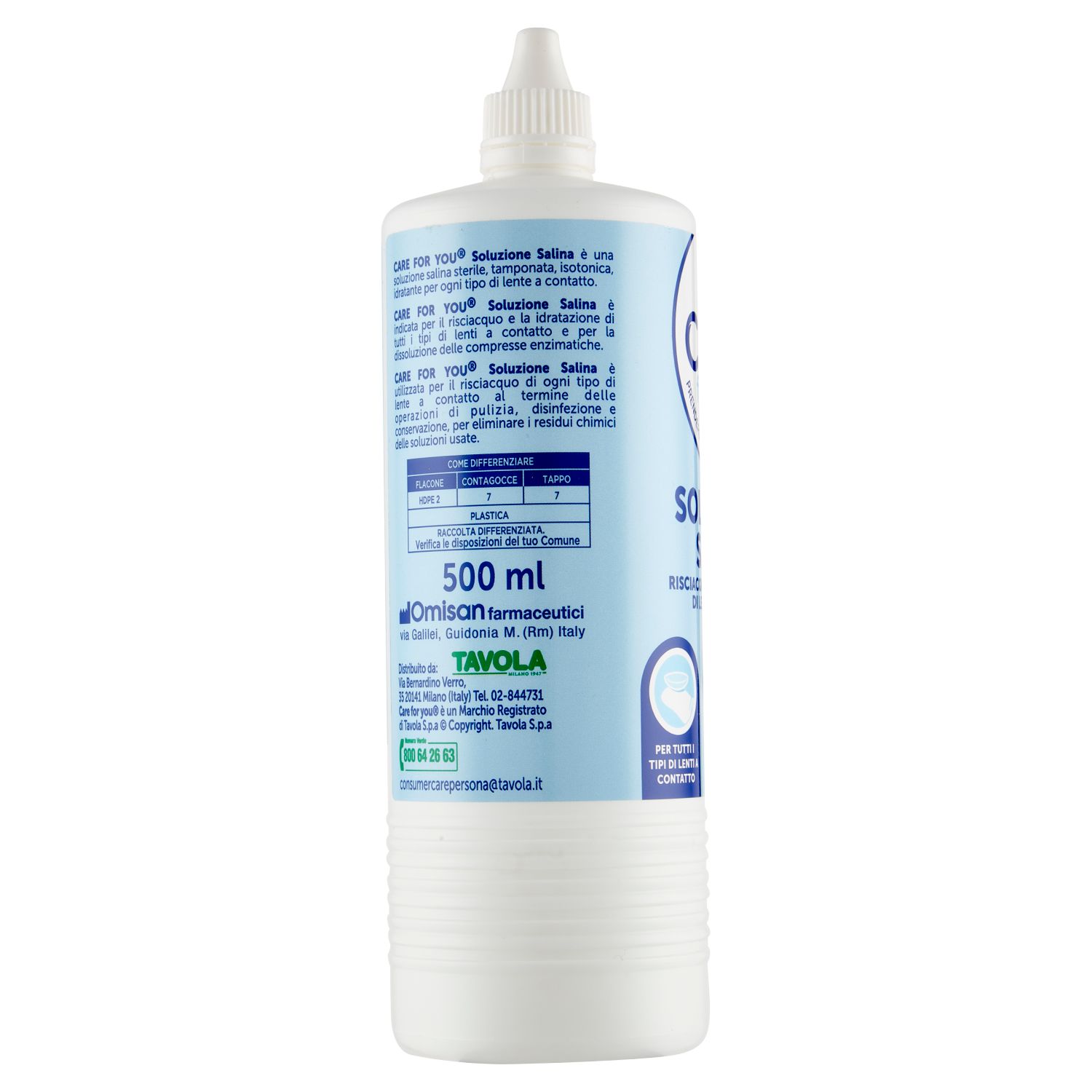 CARE for you Soluzione Salina 500 ml – Liquido per lenti a contatto morbide, idrata e disinfetta.
