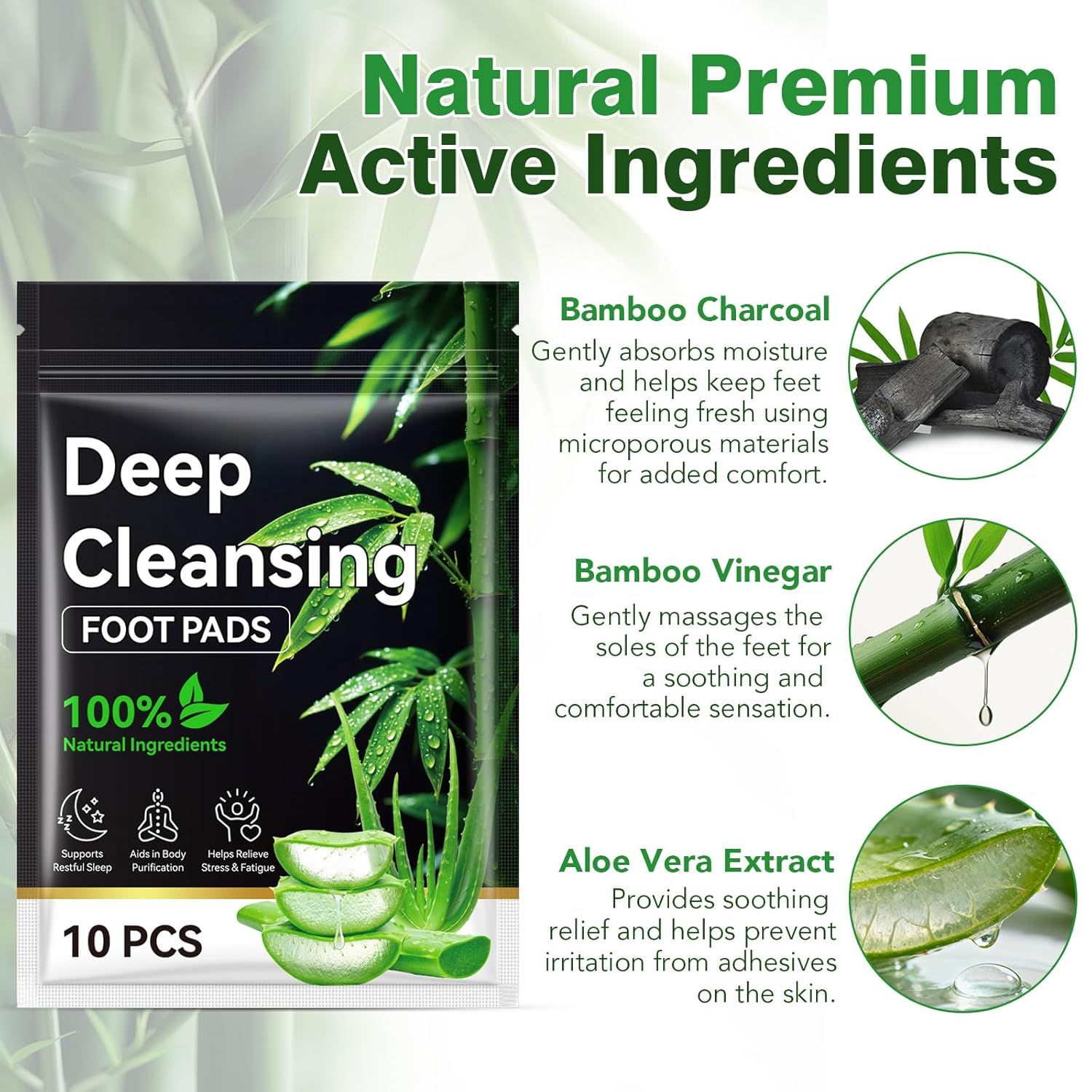 Confezione nera con testo: Deep Cleansing FOOT PADS. Ingredienti naturali al 100%. Carbone di bambù, aceto di bambù, Aloe Vera.