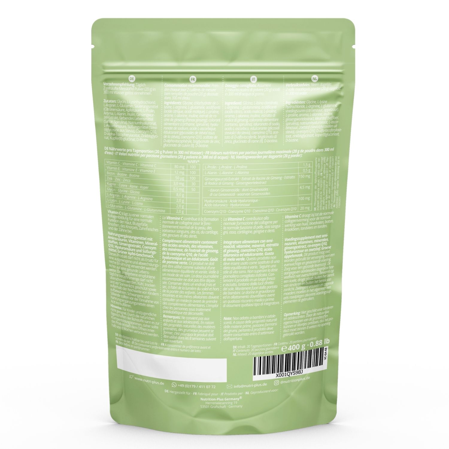 Retro di un sacchetto verde. Testo: informazioni nutrizionali, ingredienti, informazioni produttore. 400 g.