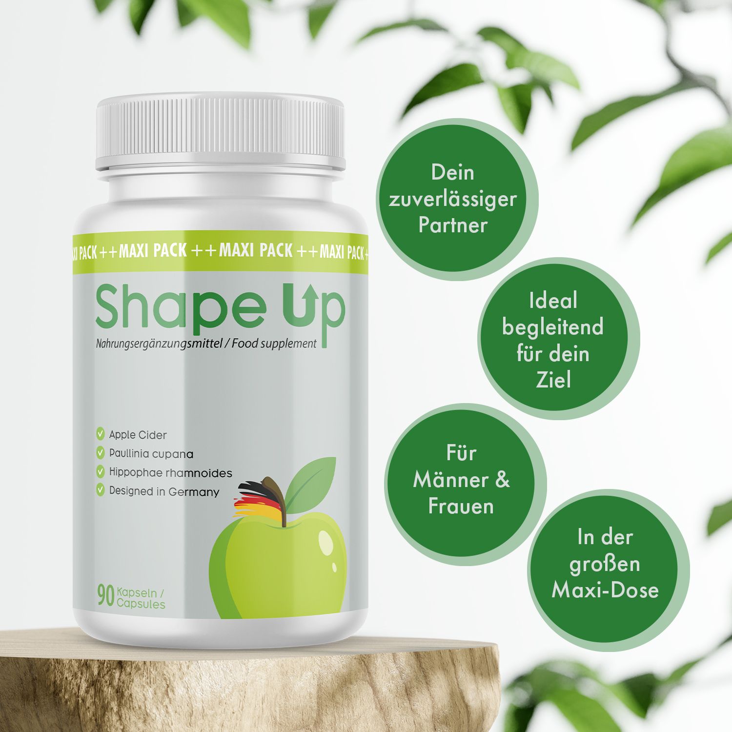 Flacone bianco "Shape Up" su base in legno. Testo: Il tuo partner affidabile, ideale per il tuo obiettivo, per uomini e donne, in maxi-dose.