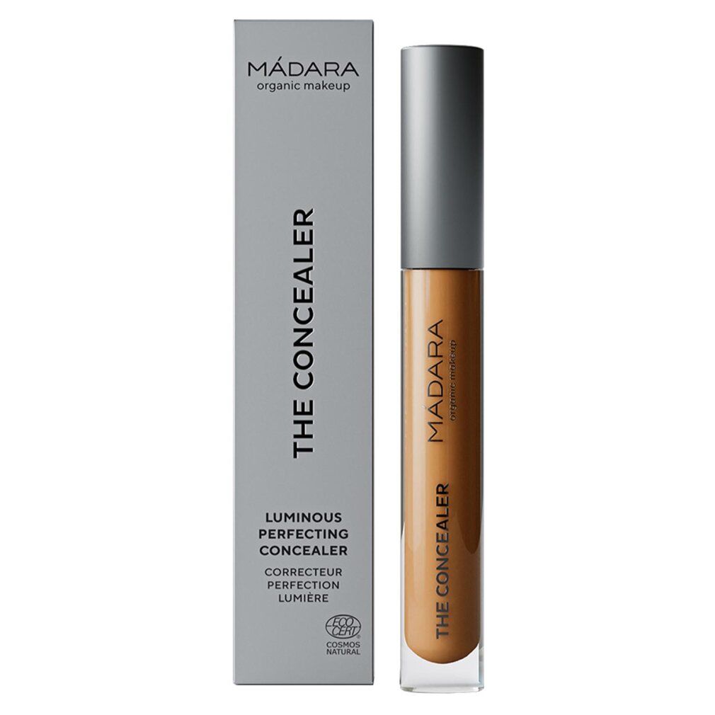 Correttore e confezione. Sulla confezione: MÁDARA, THE CONCEALER, Luminous Perfecting Concealer. Sul correttore: MÁDARA, THE CONCEALER.