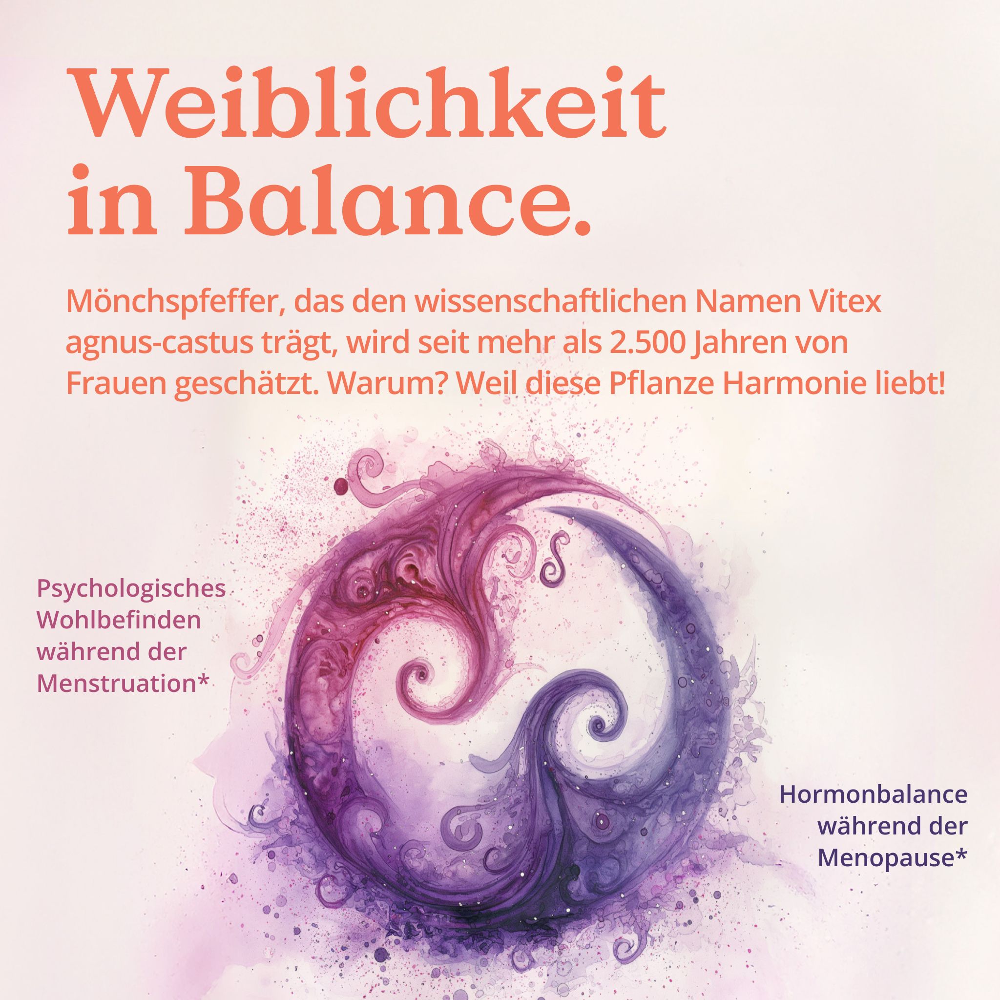 Grafica con simbolo Yin-Yang viola e blu. Testo: Weiblichkeit in Balance. Benessere psicologico, equilibrio ormonale.