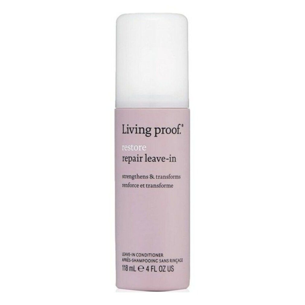 Flacone Living Proof Restore Repair Leave-in. Flacone rosa con tappo bianco. Contenuto 118 ml.