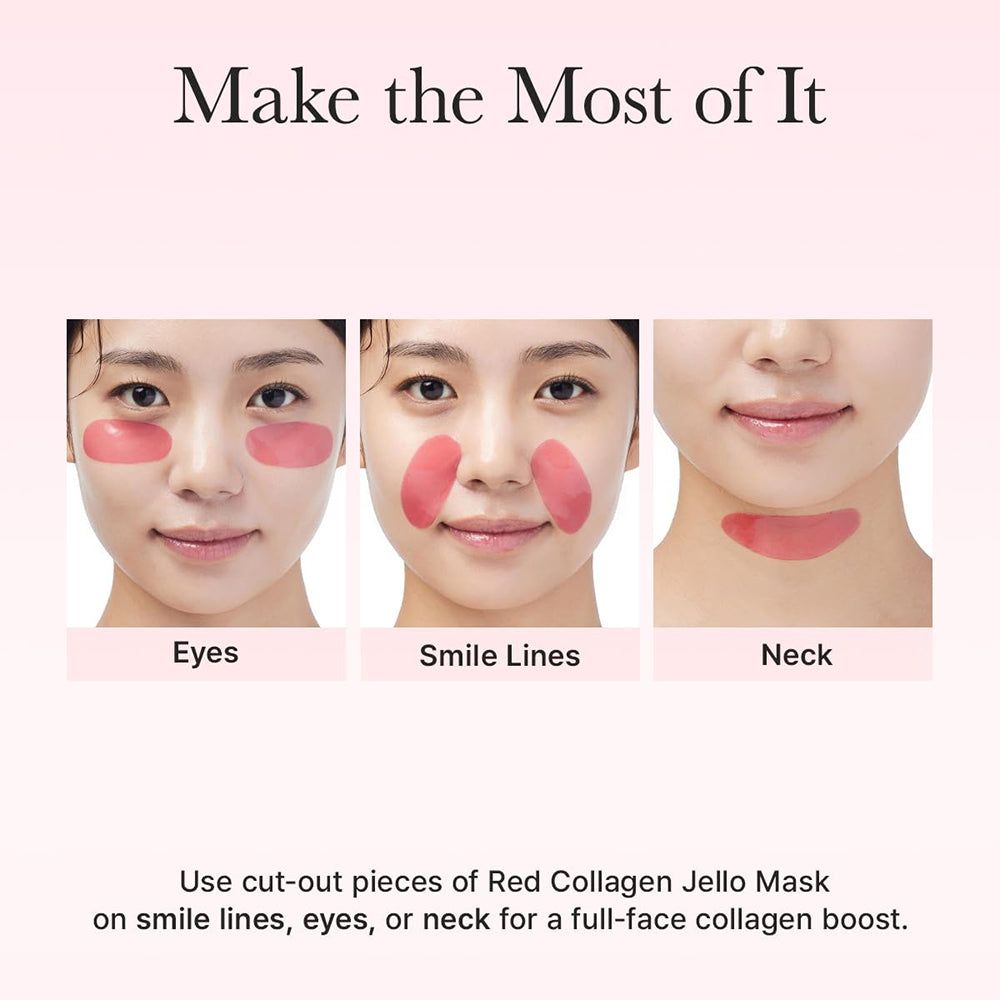 Tre teste di donne mostrano adesivi per maschera al collagene rosso su occhi, linee del sorriso e collo.