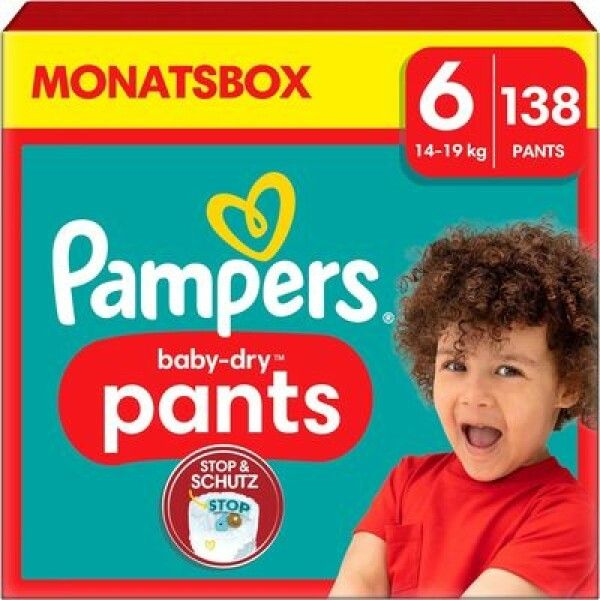 Pampers Baby-Dry Pants taglia 6, confezione da 138. Scritta Stop & Schutz. Bambino con maglietta rossa.
