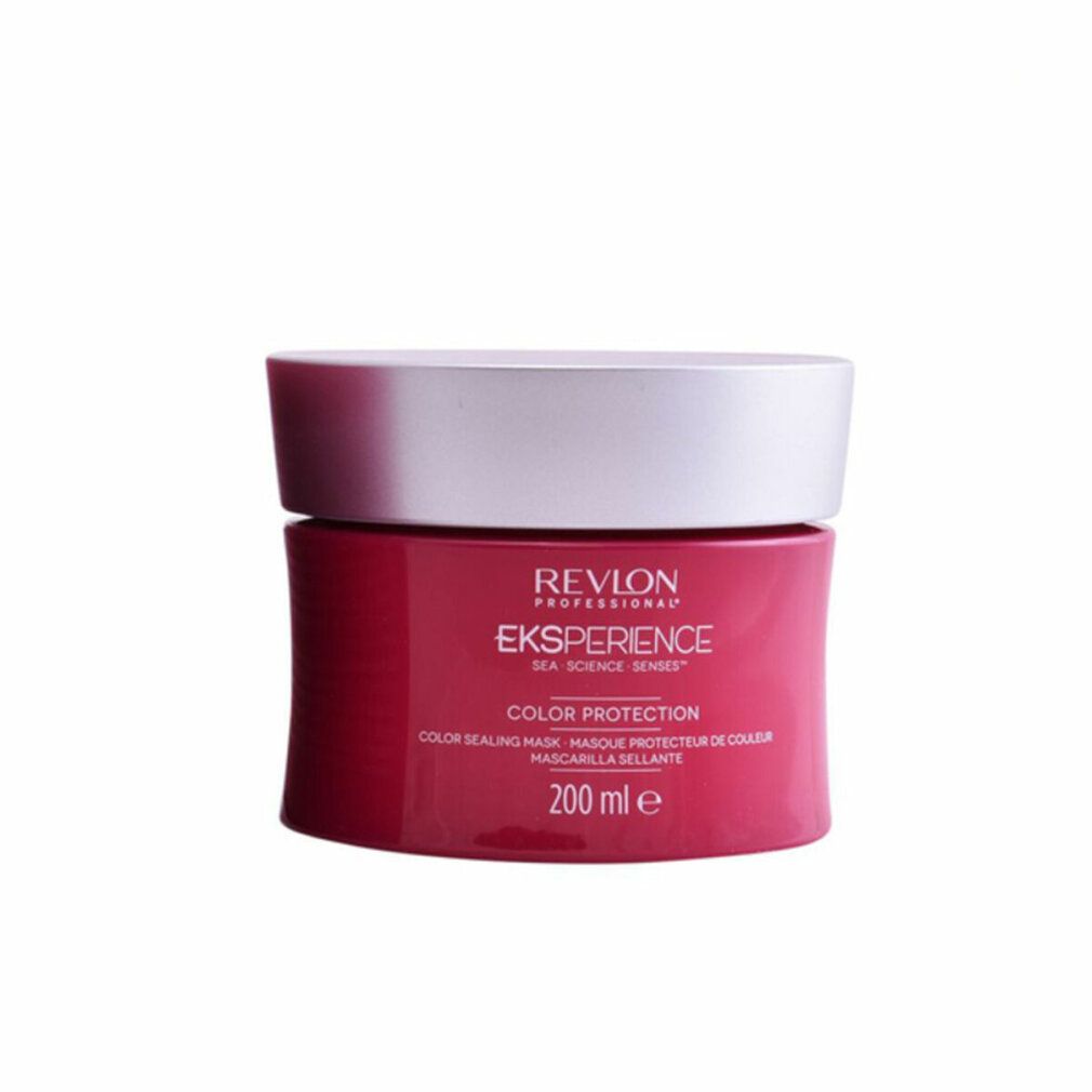 Vaso rosso con coperchio argentato. Scritta: Revlon Eksperience Color Protection. 200 ml.