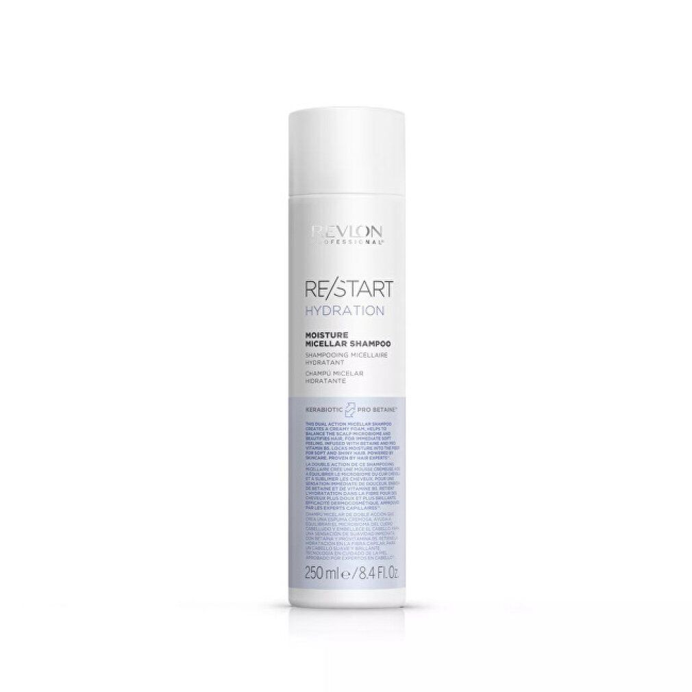 Flacone di shampoo bianco. Scritta: Revlon, Re/Start Hydration, Moisture Micellar Shampoo. 250 ml.
