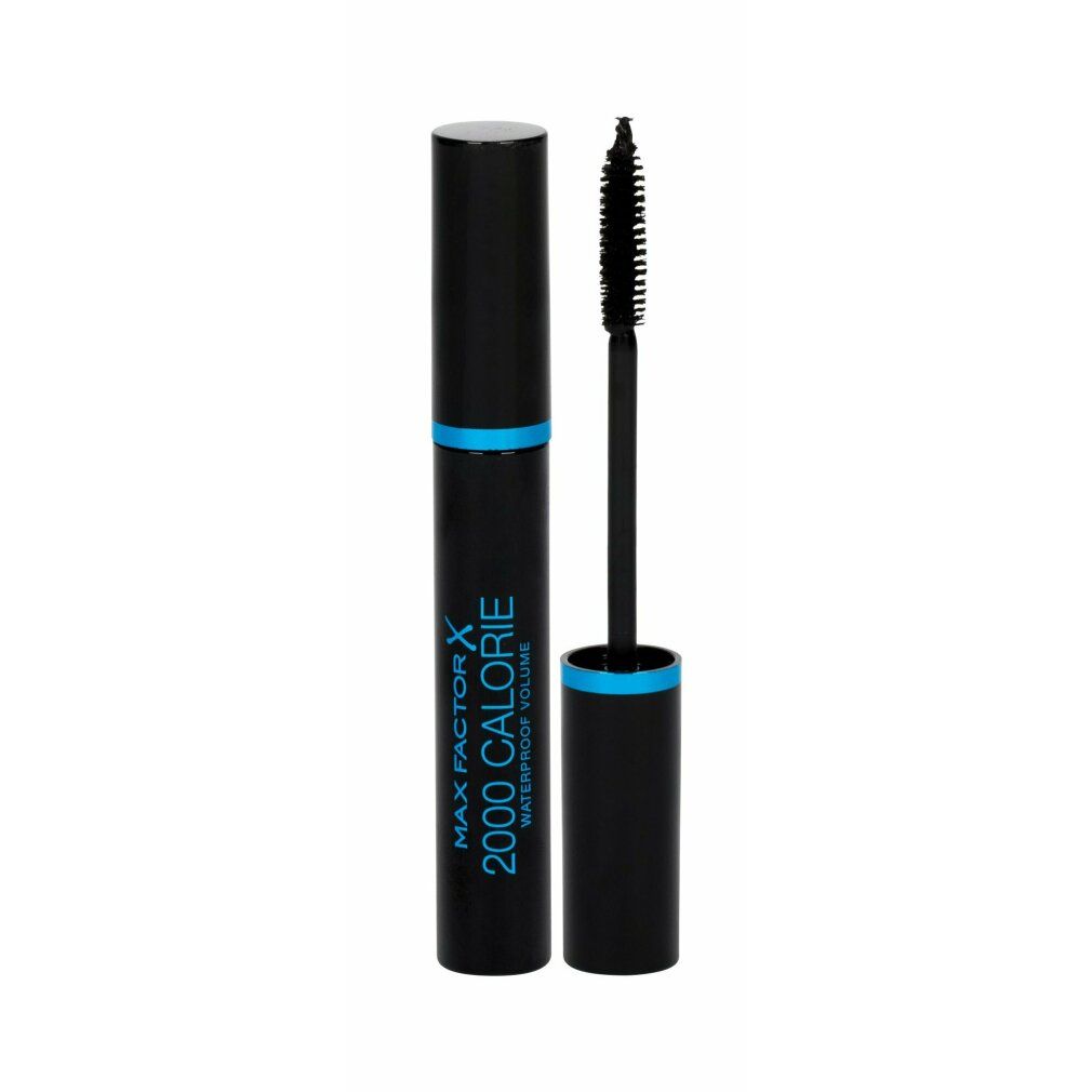 Tubo di mascara nero con accento blu. Spazzola accanto. Scritta: Max Factor 2000 Calorie Waterproof Volume.