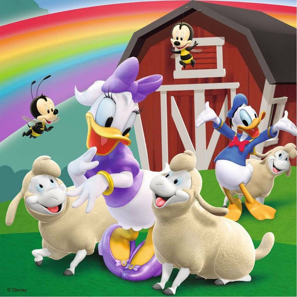 Illustrazione con Paperina, Paperino e pecore davanti a una fattoria. Arcobaleno sullo sfondo. Api che volano.