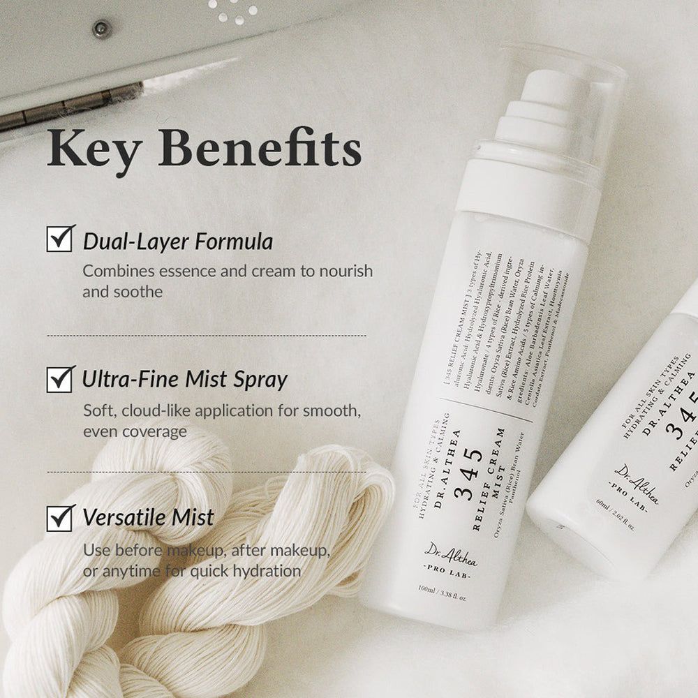 Dr. Althea 345 Relief Cream Mist con vantaggi evidenziati come formula duale e nebbia ultra-fine.