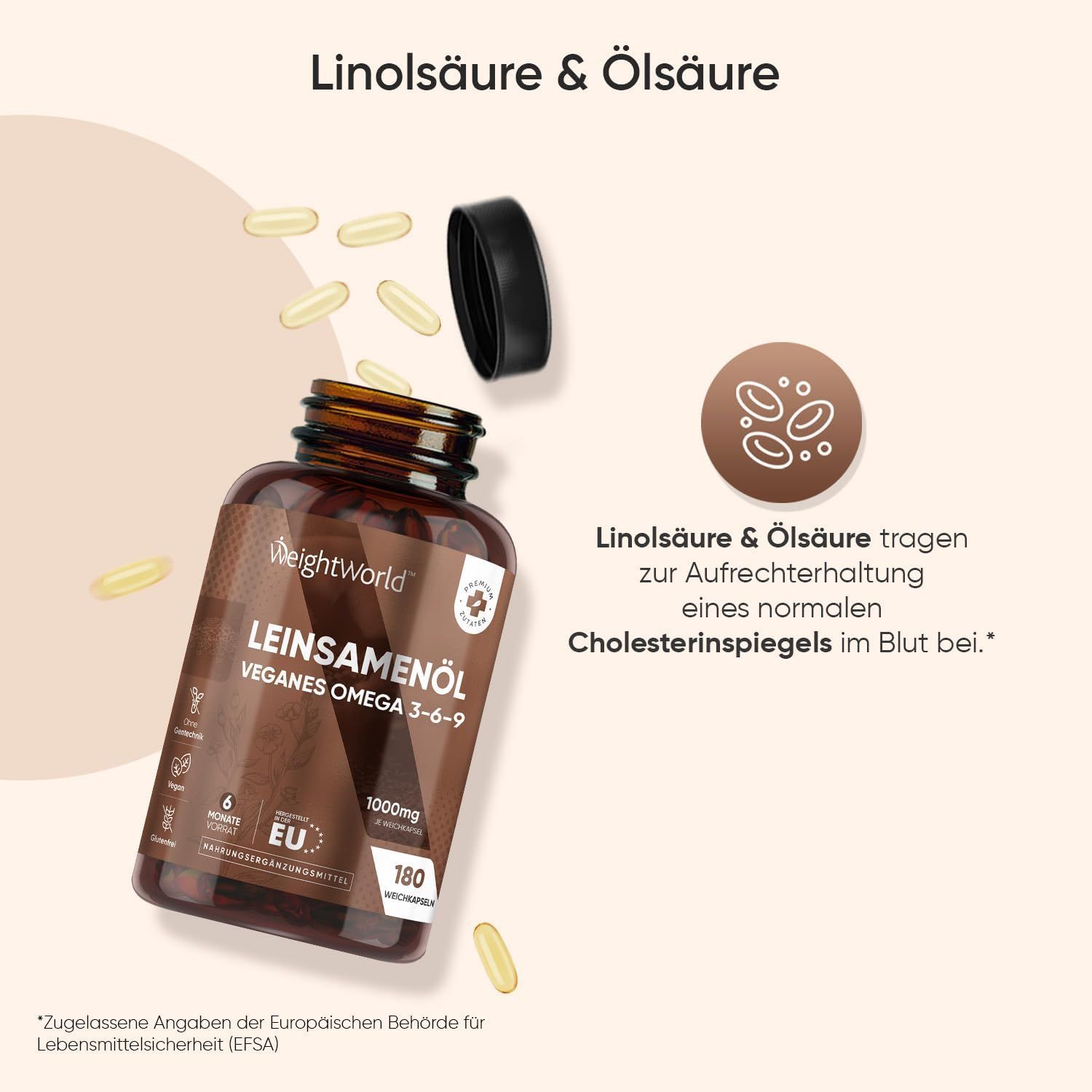 Flacone con capsule. Capsule che cadono. Testo: Olio di semi di lino, omega 3-6-9 vegano. 180 capsule.