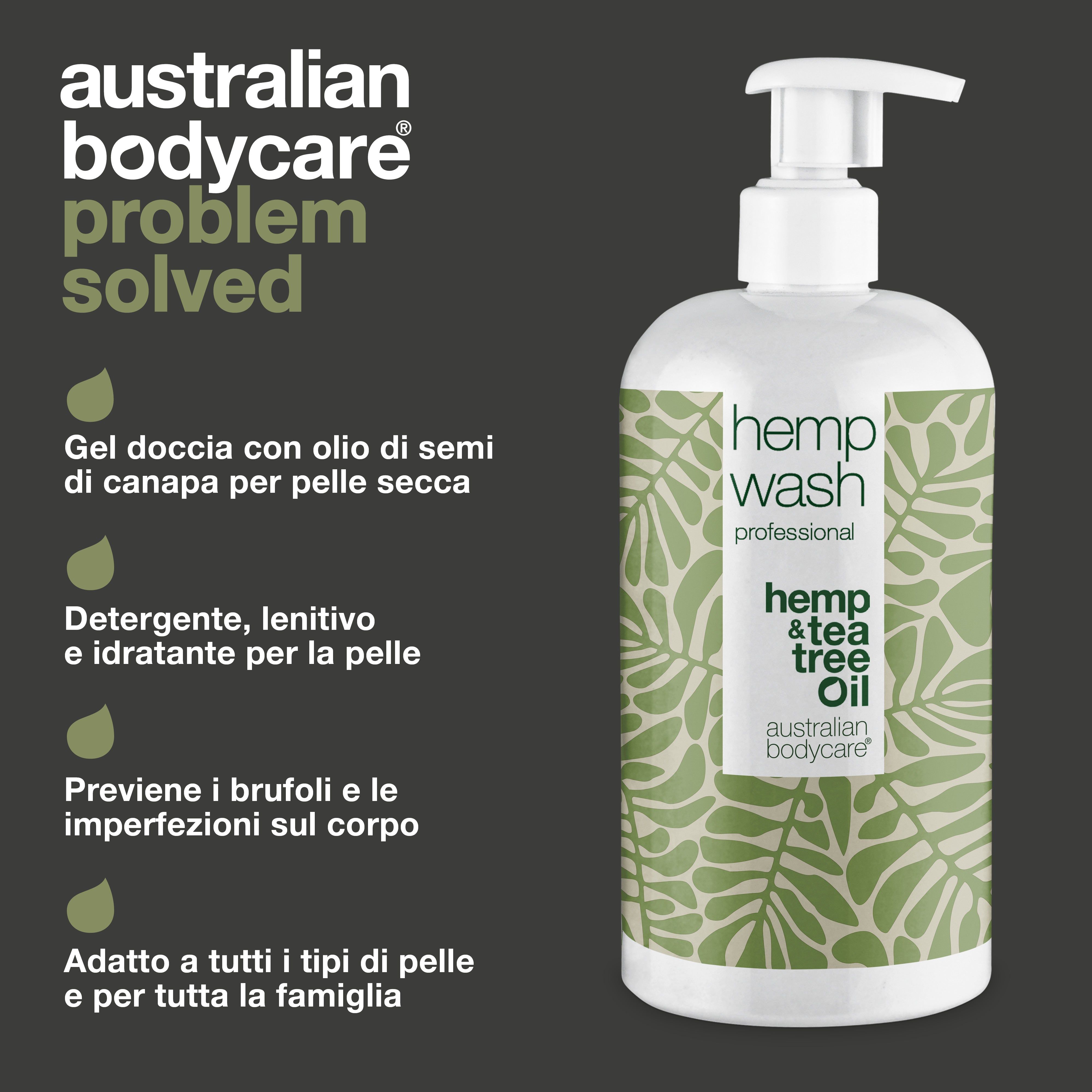 Prodotto accanto al testo: gel doccia con olio di semi di canapa, deterge, lenisce, idrata, contro brufoli, tutti i tipi di pelle.