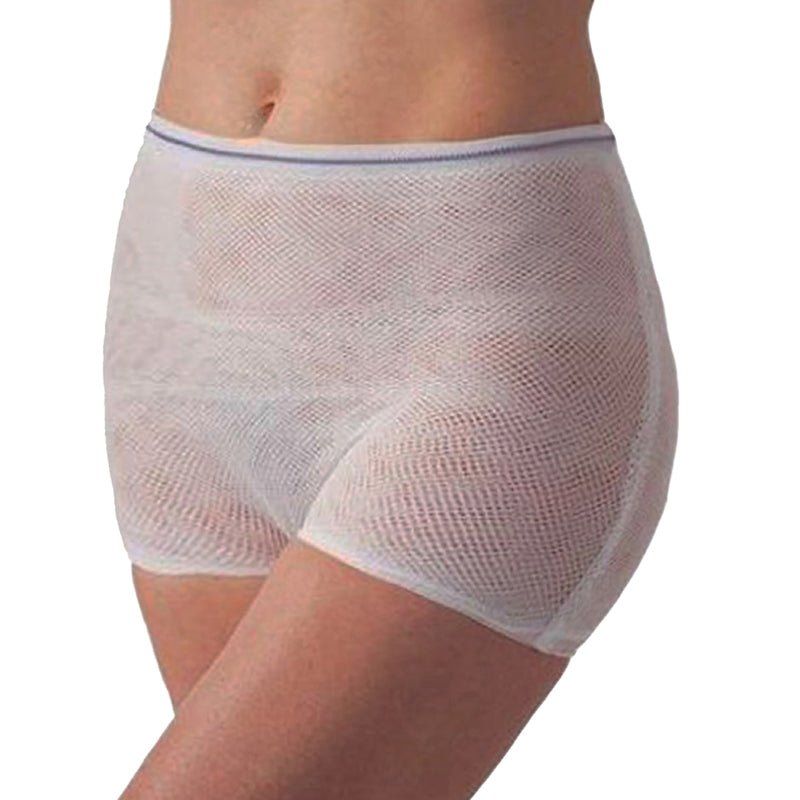 Pantaloncino a rete bianco, taglio corto, fascia blu. Vista laterale.