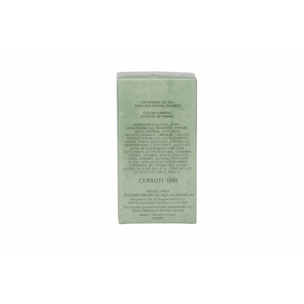 Retro della confezione Cerruti 1881 Pour Homme Eau de Toilette. Testo con ingredienti e avvertenze. Logo Cerruti 1881.