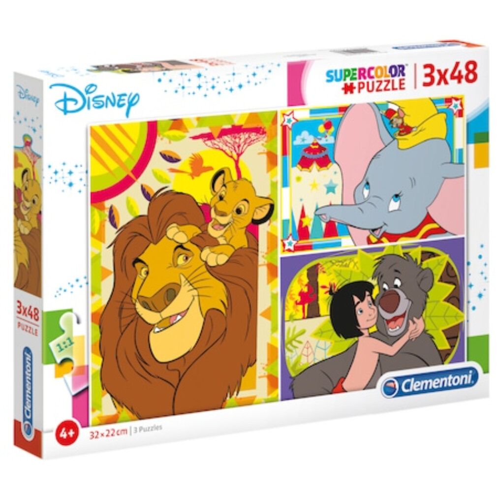 Scatola puzzle Disney. Contiene 3 puzzle da 48 pezzi ciascuno. Marca: Clementoni. Per bambini dai 4 anni in su. Dimensioni: 32x22cm.