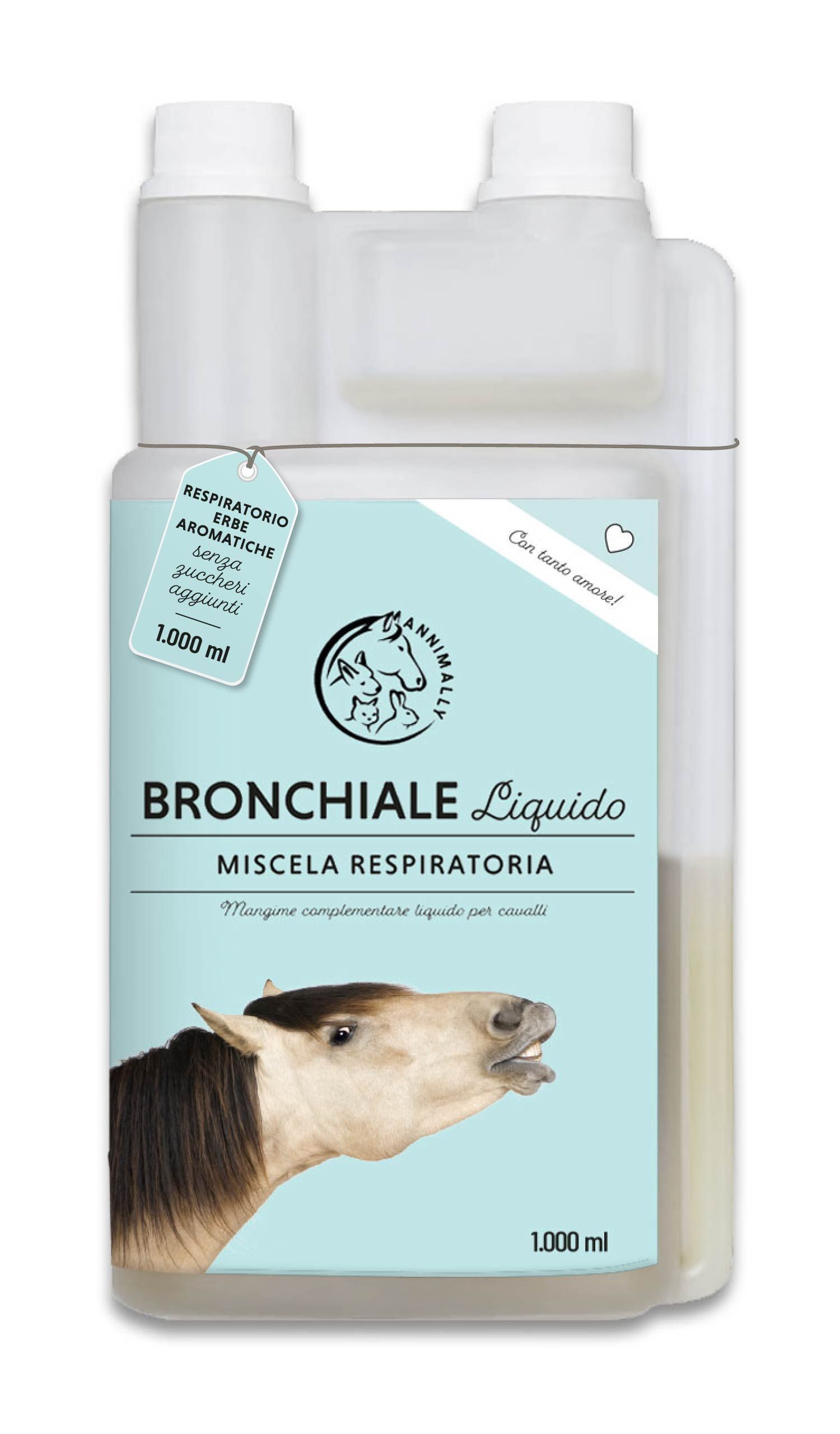 Bottiglia di Annimally Bronchiale Liquido. Scritta: Bronchiale Liquido, miscela respiratoria. 1.000 ml.